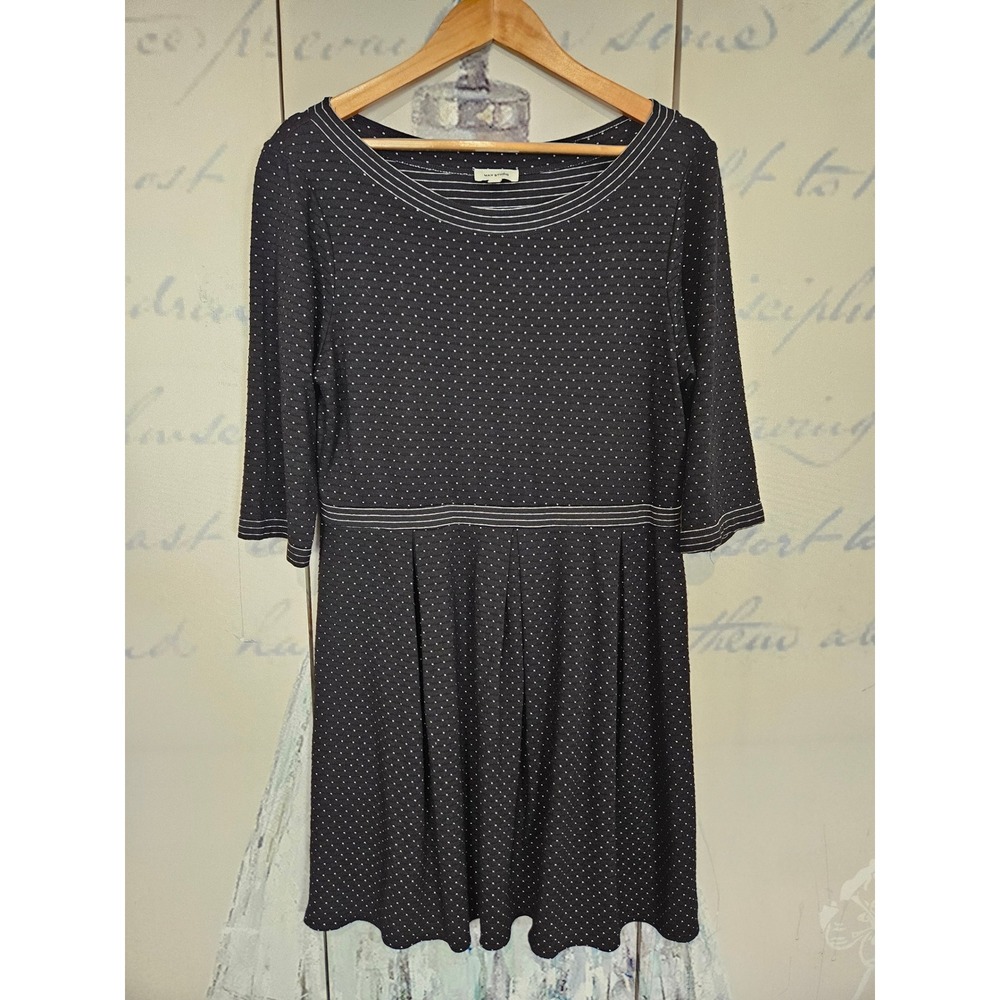 Max Studio A-Line Dress XL Black Polka Dot Pleated 3/4 Sleeve Knit Scoop Neck